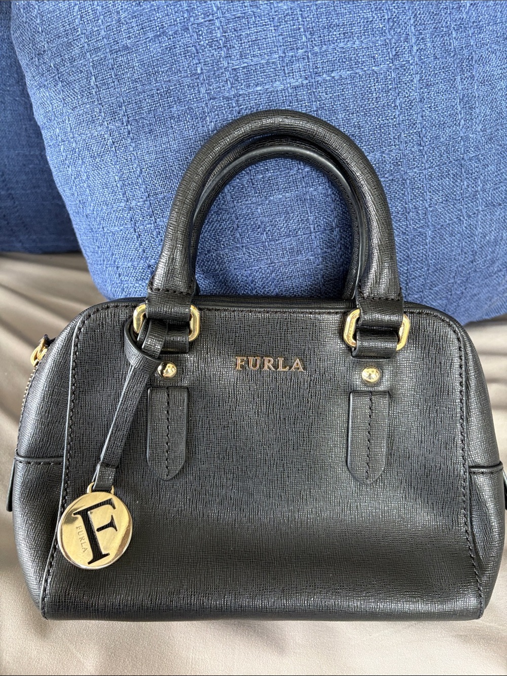 Furla Black Saffiano Mini Satchel with Gold Charm